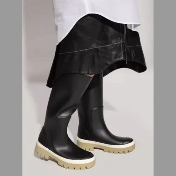 Tory Burch Hurricane Tall Lug Boot Perfect Black Rubber Boot Size 9 NEW